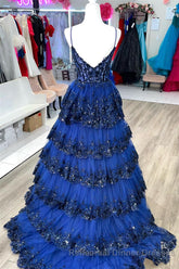 Navy Blue Floral Multi-Layers Sequined Straps Long Semi Formal Prom Dress